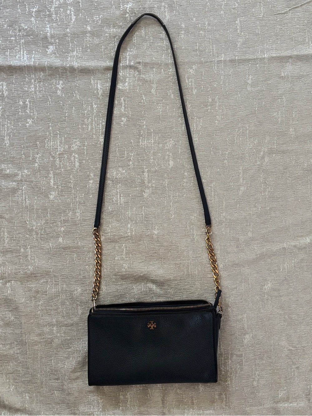 Tory Burch Navy Blue Pebbled Leather Crossbody with Gold Chain